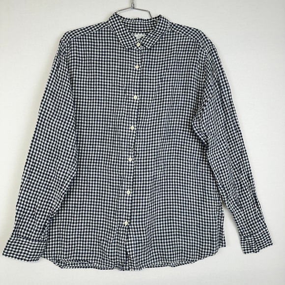 Uniqlo Tops - Uniqlo Linen Button Down Shirt Womens L Navy Blue Gingham Excellent Long Sleeve